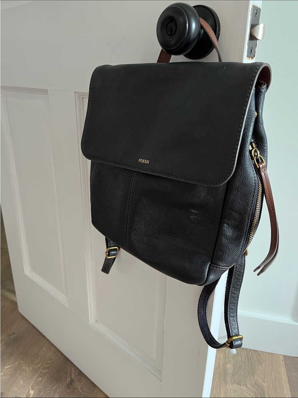 Fossil Black Leather Backpack with Brown Strap Accents
